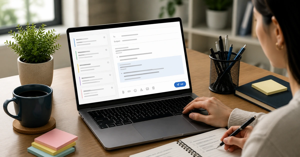 Professional reviewing a reusable workplace email template beside organized message snippets.