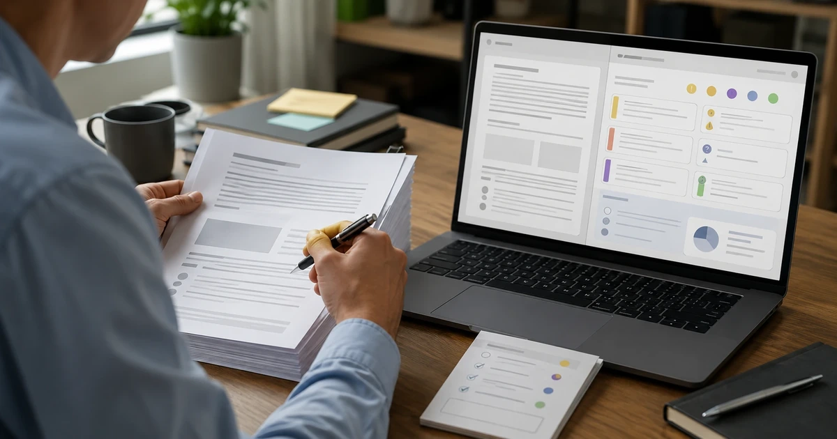 Professional comparing a business document with organized AI-assisted review findings.