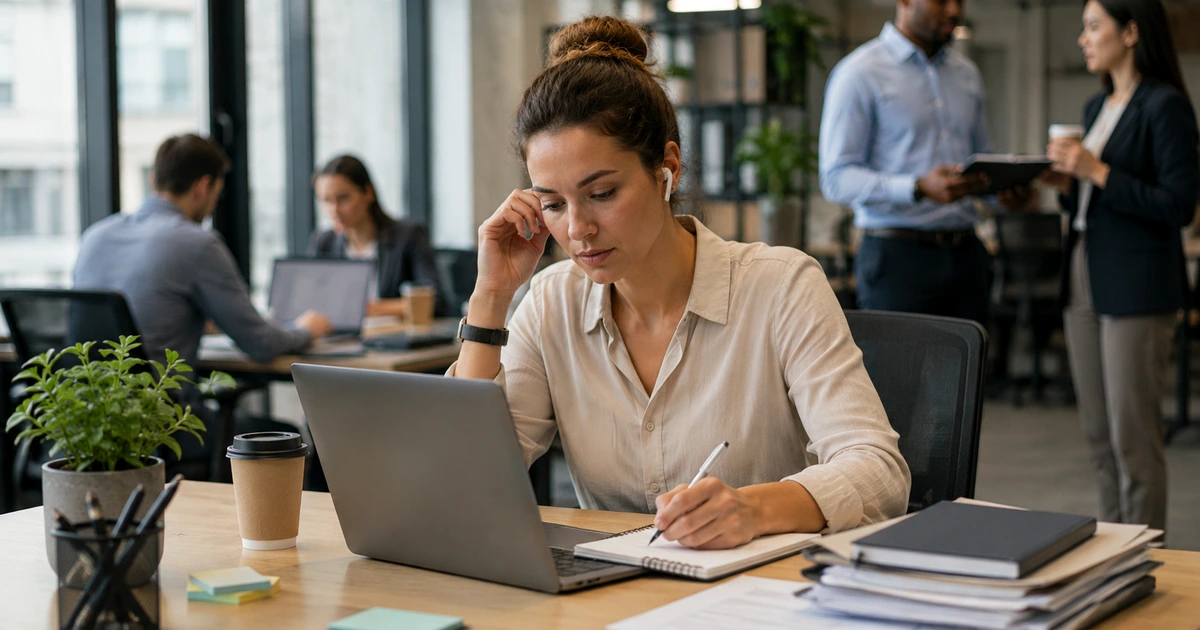 Professional protecting a deep work block while reviewing a calendar at a modern desk.