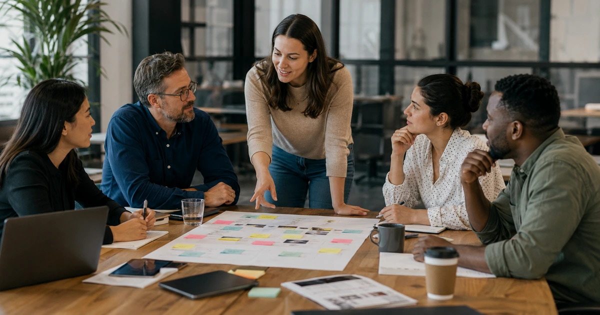 Professional mapping a first AI workflow with colleagues in a modern collaborative office.