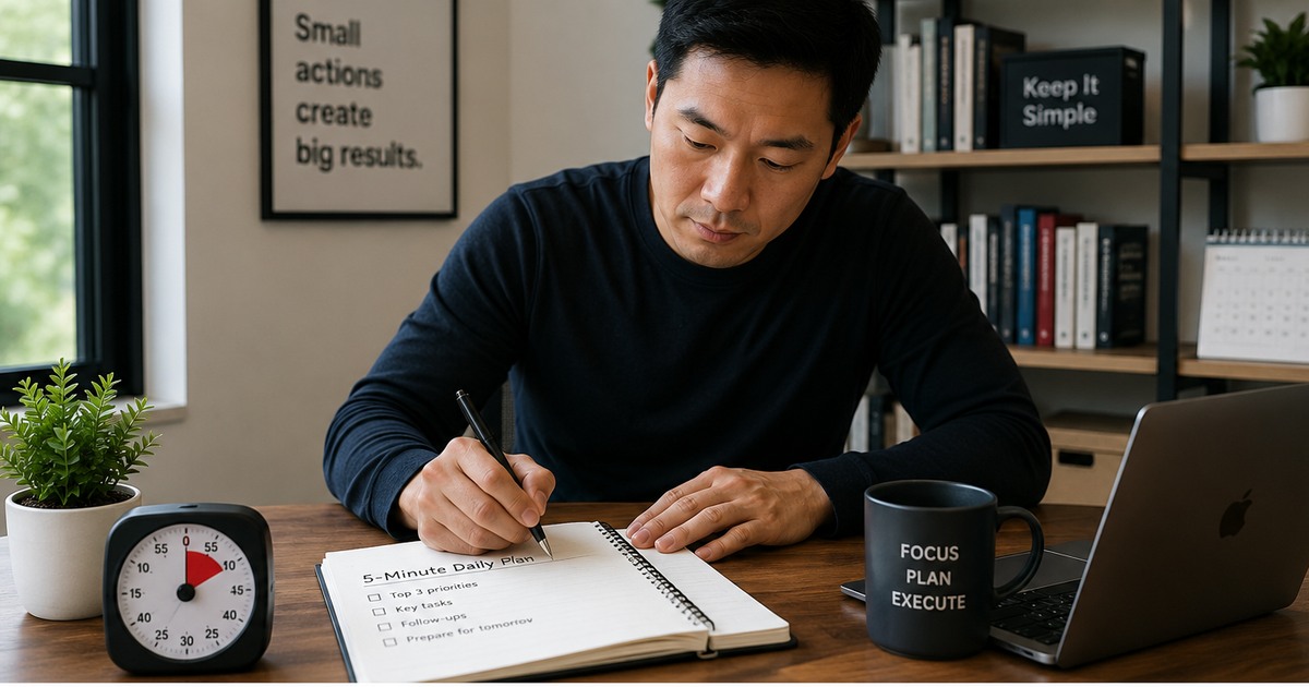 A professional working at a desk reviews priorities in a notebook before beginning a busy workday.
