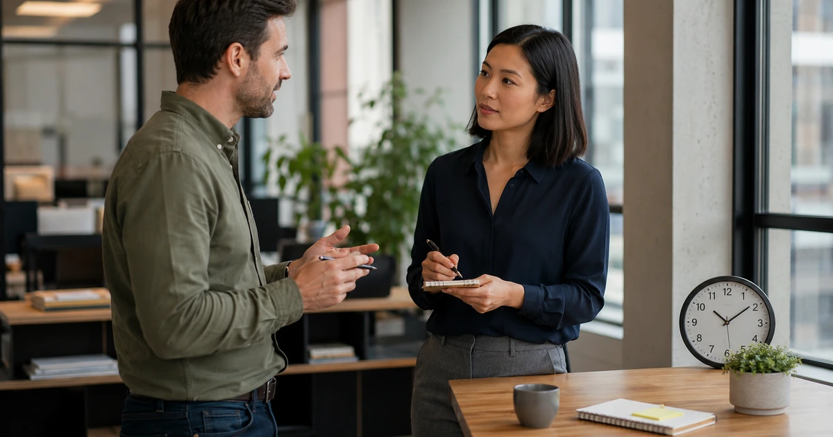 Two colleagues holding a concise standing check-in beside a desk in a professional office.