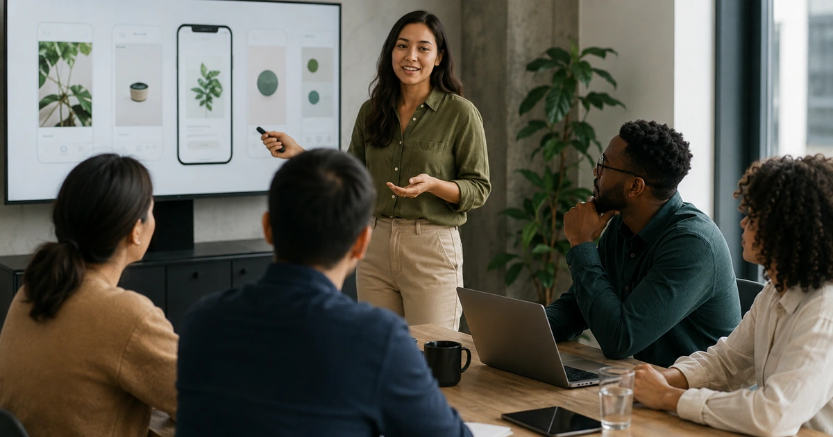 Professional giving a concise project status update to colleagues in a modern workplace.