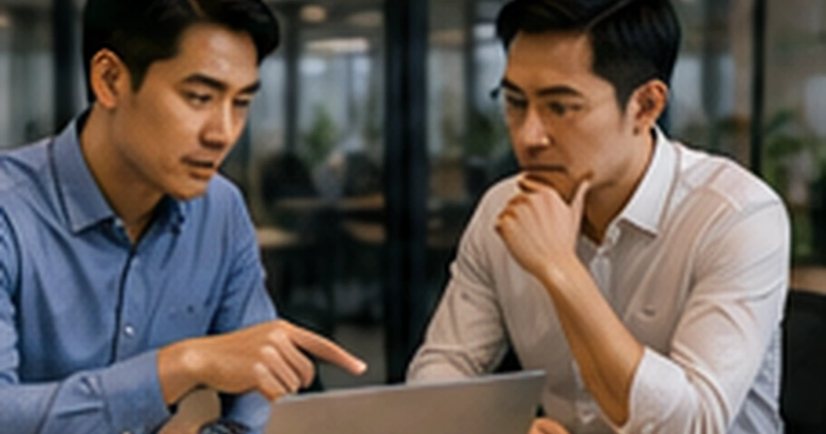 Manager explaining delegation options to a colleague using a laptop as a supporting prop.