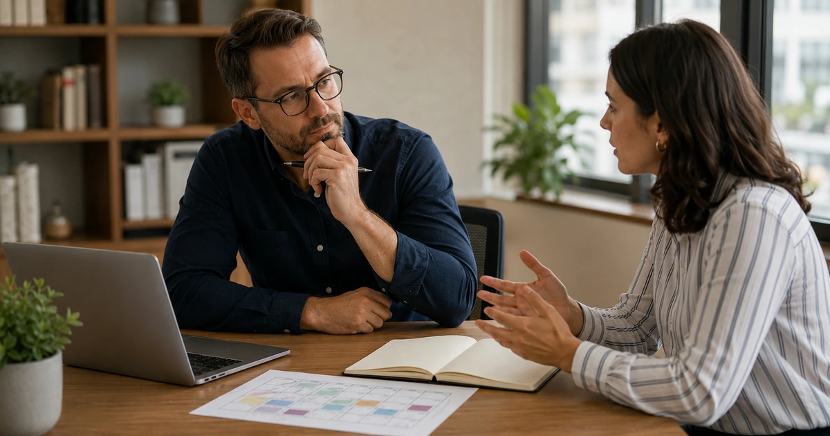 Employee giving thoughtful feedback to a manager during a private one-to-one meeting.