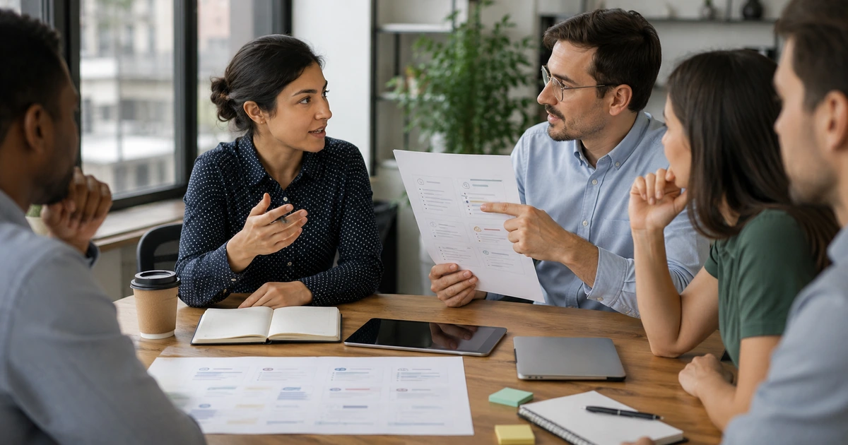 Employee responding calmly to unfair criticism during a professional team discussion.