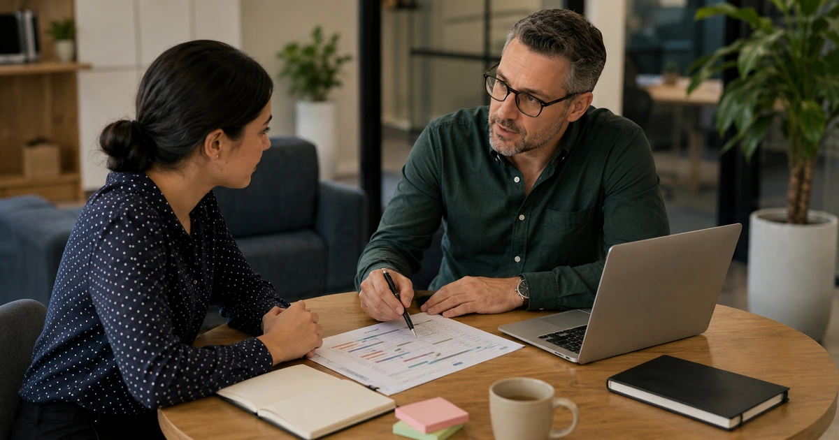 Employee arranging a proactive one-to-one meeting with a manager in a modern office.