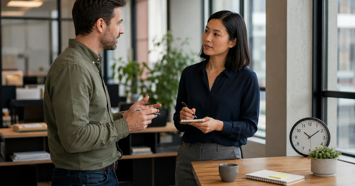 Employee setting respectful boundaries with a manager during a calm professional conversation.