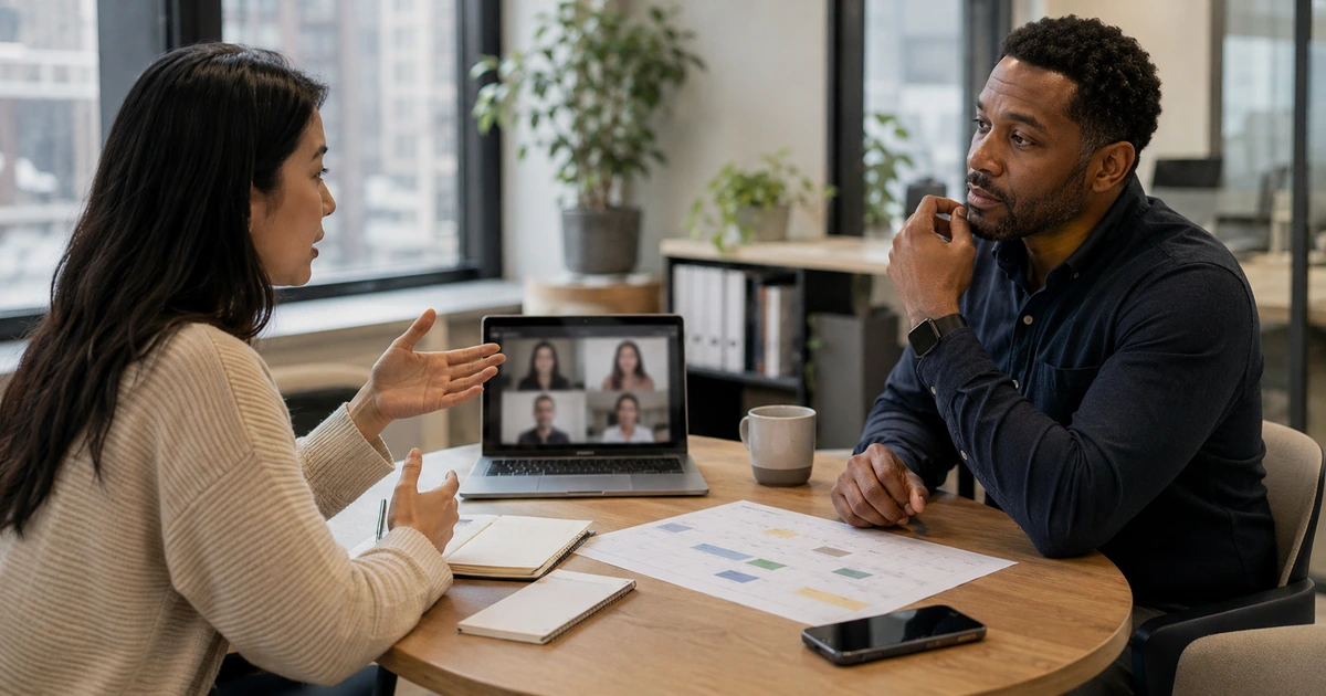 Professional using an AI assistant to prepare for a job interview during a focused work session.