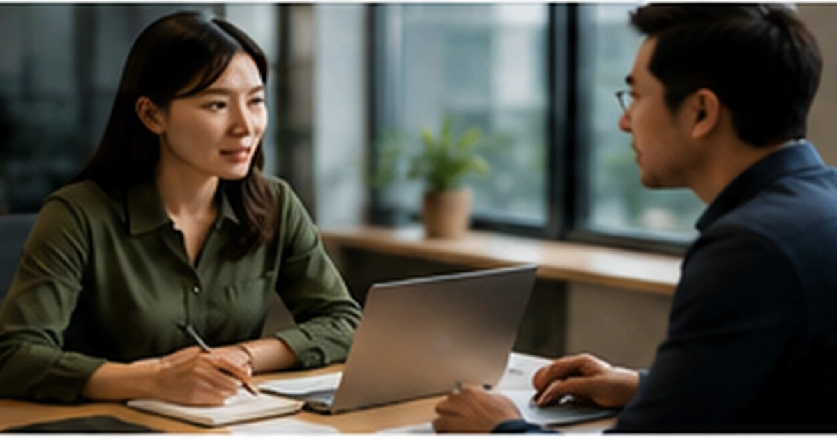 Employee discussing a promotion request with a manager in a professional one-to-one meeting.