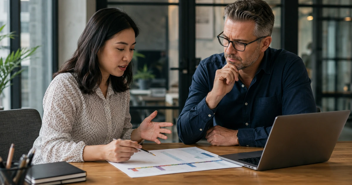 Focused employee discussing an unexpected meeting request with a colleague without abandoning planned work.