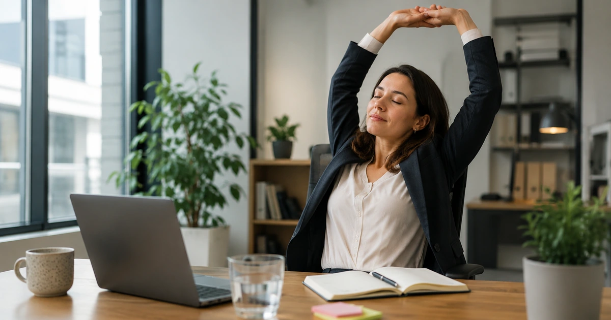 Professional taking a focused break during a meeting-free workday in a modern office.