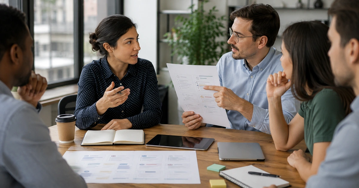 Manager and employee holding a helpful one-to-one meeting in a professional office.