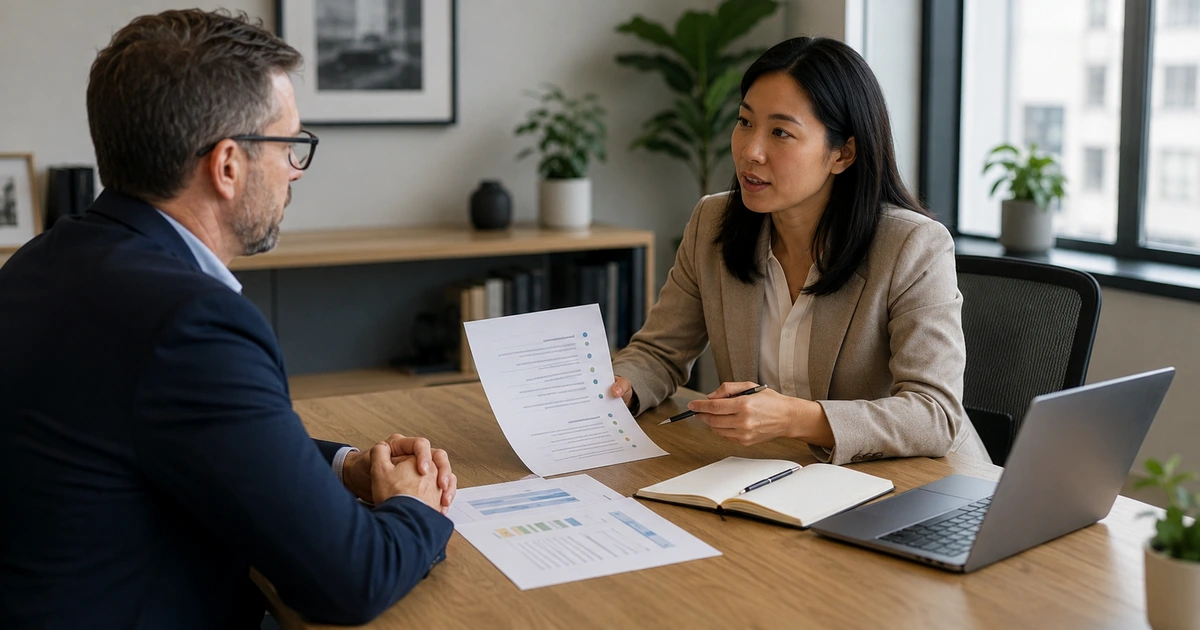 Employee preparing evidence and notes before a performance review with a manager.
