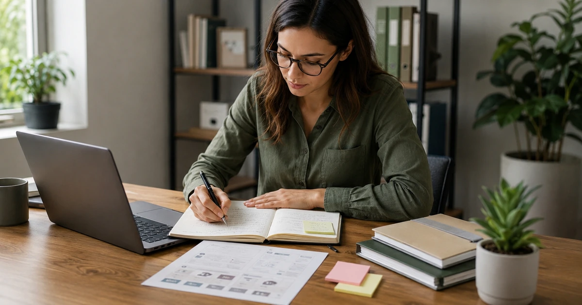 Professional organizing project knowledge across a laptop, notebook and reference documents.