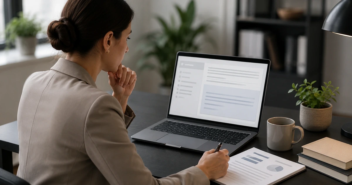 Professional calmly reviewing a difficult workplace email and preparing a measured response.