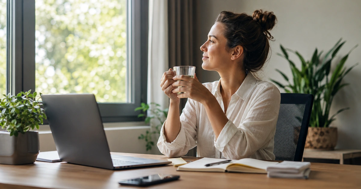 Office professional beginning the workday with water, a notebook and a calm ten-minute preparation routine.
