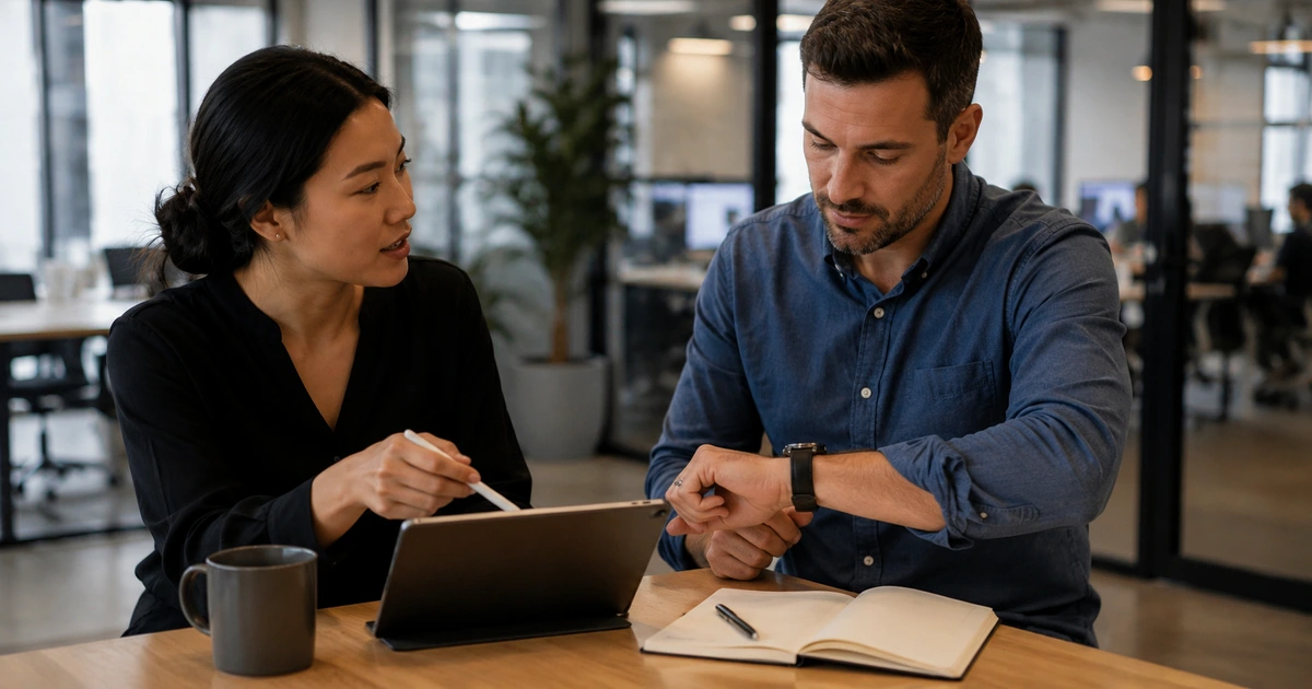 Two colleagues deciding whether a small task should be completed immediately or scheduled.