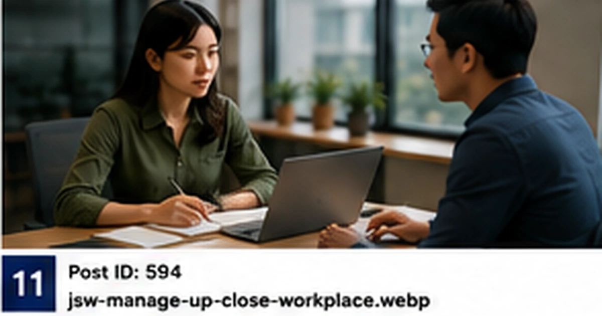 Two colleagues holding a concise standing check-in beside an office desk.