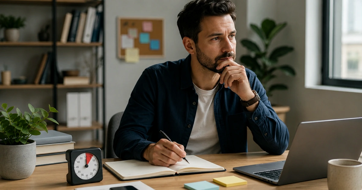 Remote professional protecting focused work time across time zones with a laptop and desk clock.