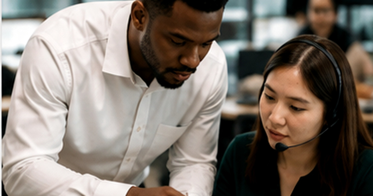 Two coworkers reviewing a work request together on a tablet in a modern office.