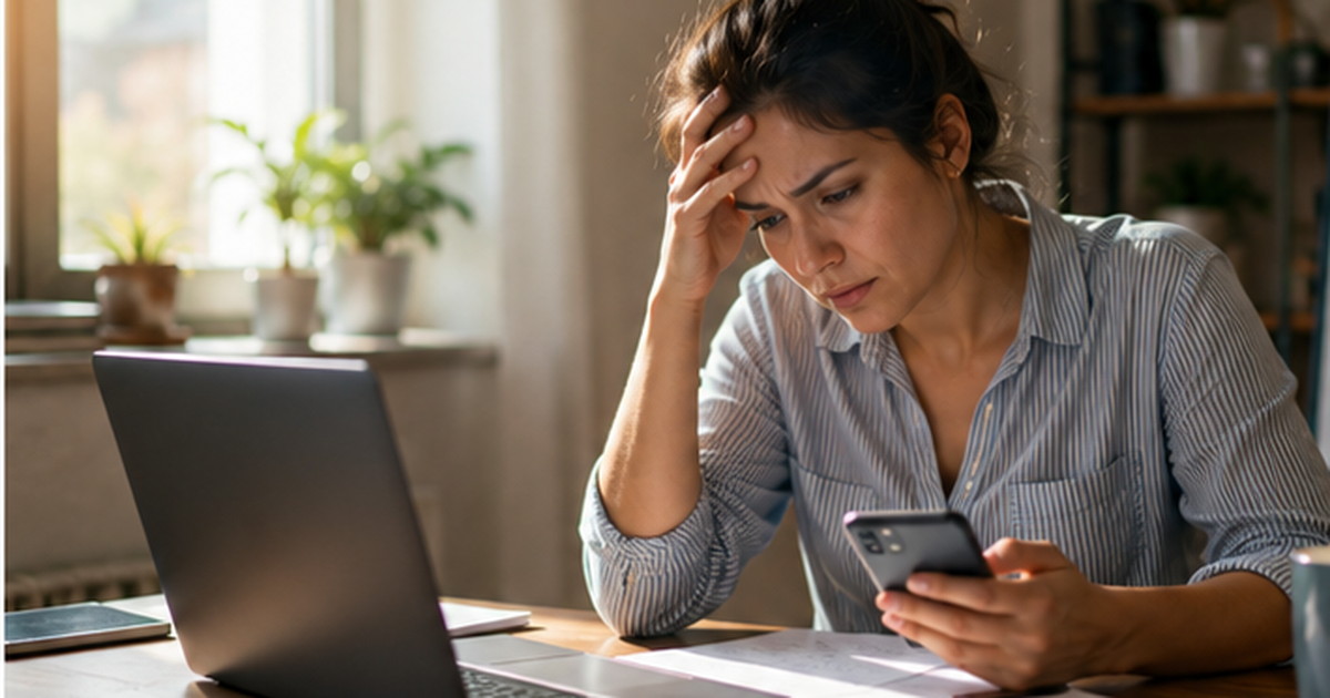 A professional at a desk pauses between a laptop and smartphone while managing a demanding digital workday.