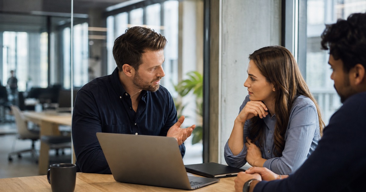 Three professionals discussing a realistic project estimate in a modern office.