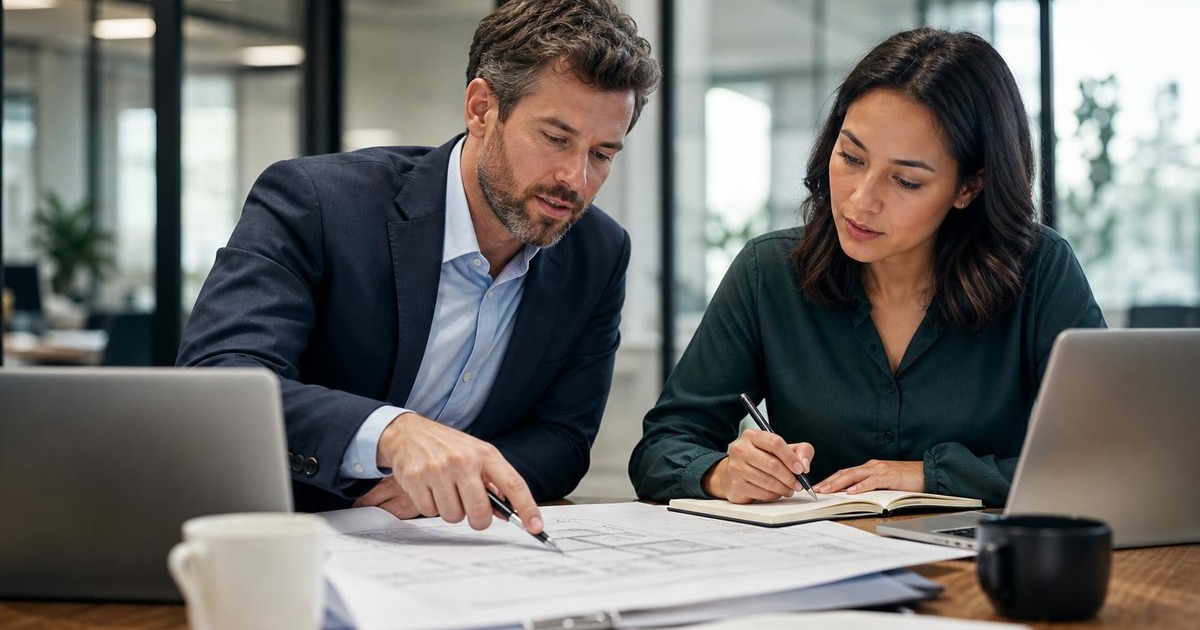Two professionals reviewing a project plan together at a desk, identifying overlooked work before a deadline.