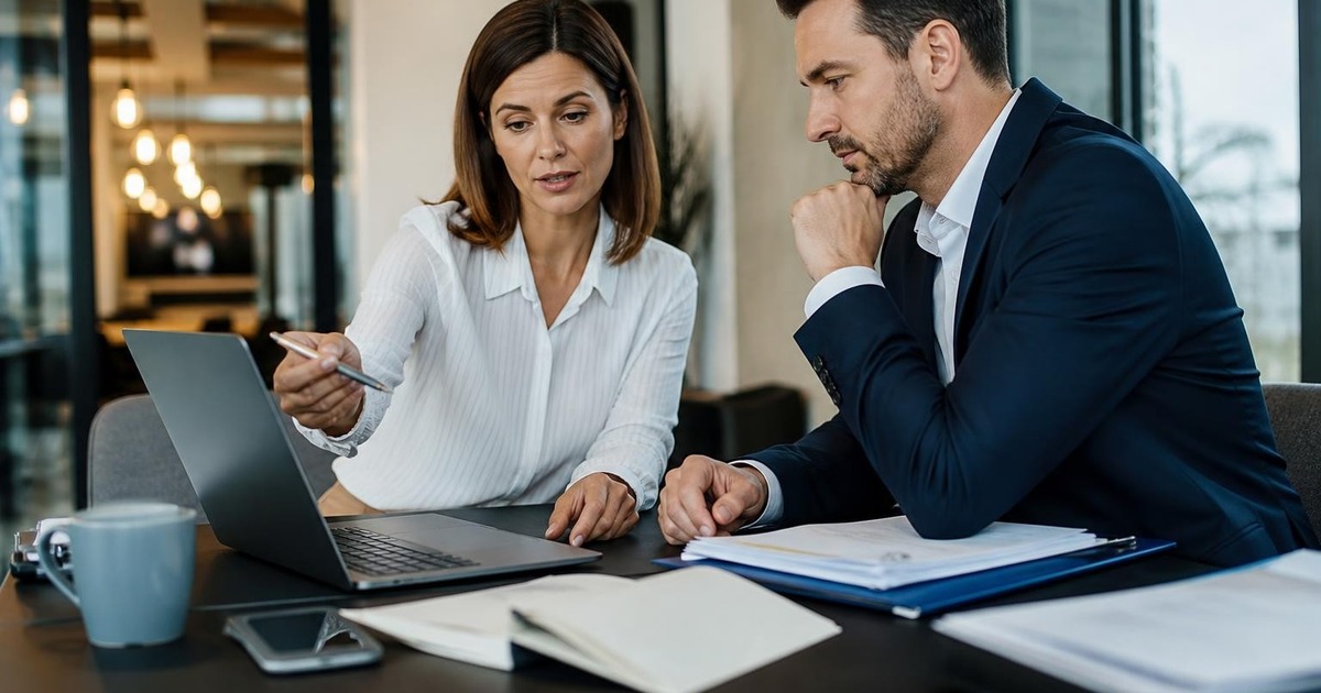 Two office professionals reviewing a concise decision together while a manager weighs practical options.