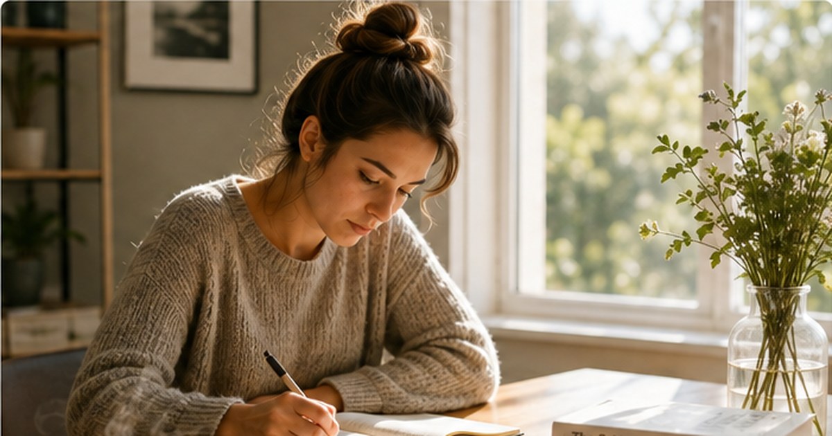 A professional writing a follow-up list at a desk in a calm, sunlit workspace.