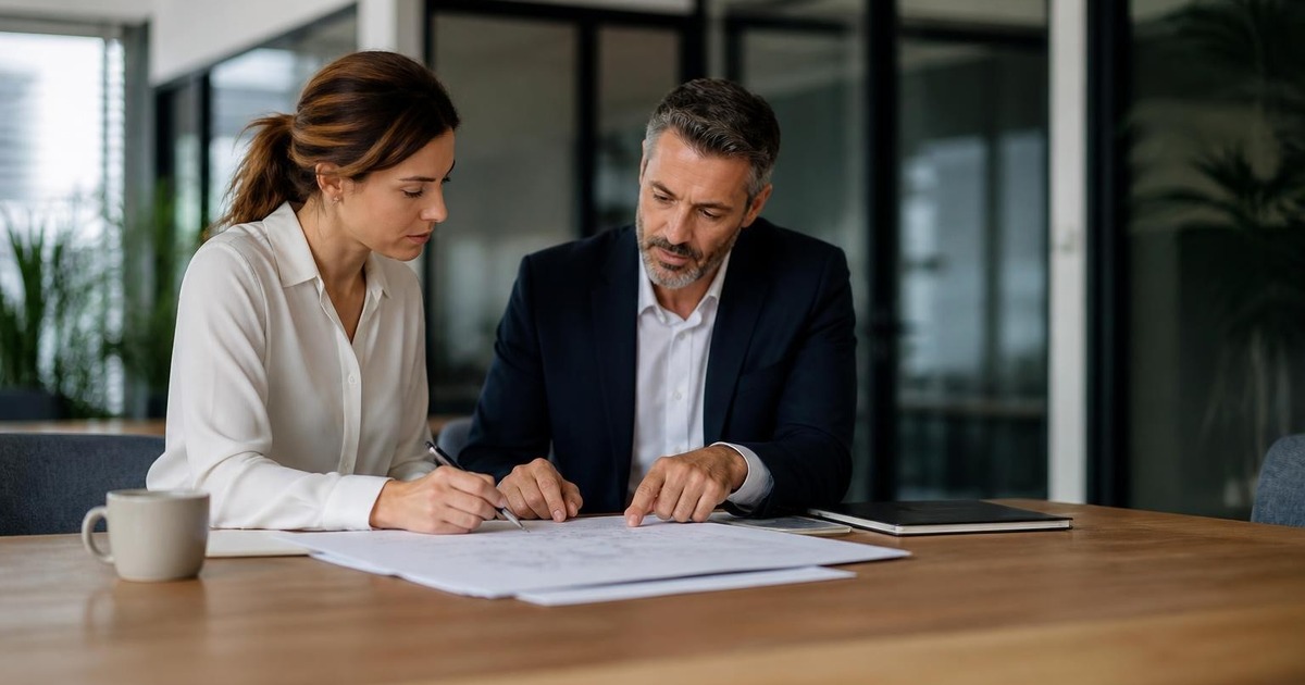 Two adult colleagues at a modern office table reviewing a project plan together and clearly assigning responsibilities.