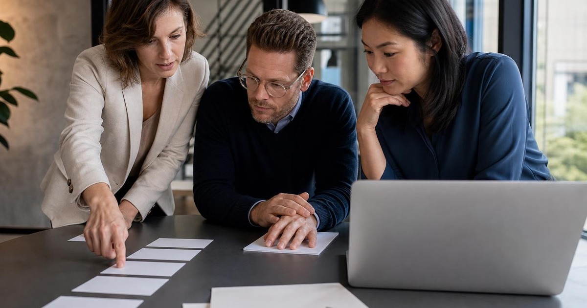 Three office professionals reviewing a backward-planned sequence of work and dependencies at a desk.