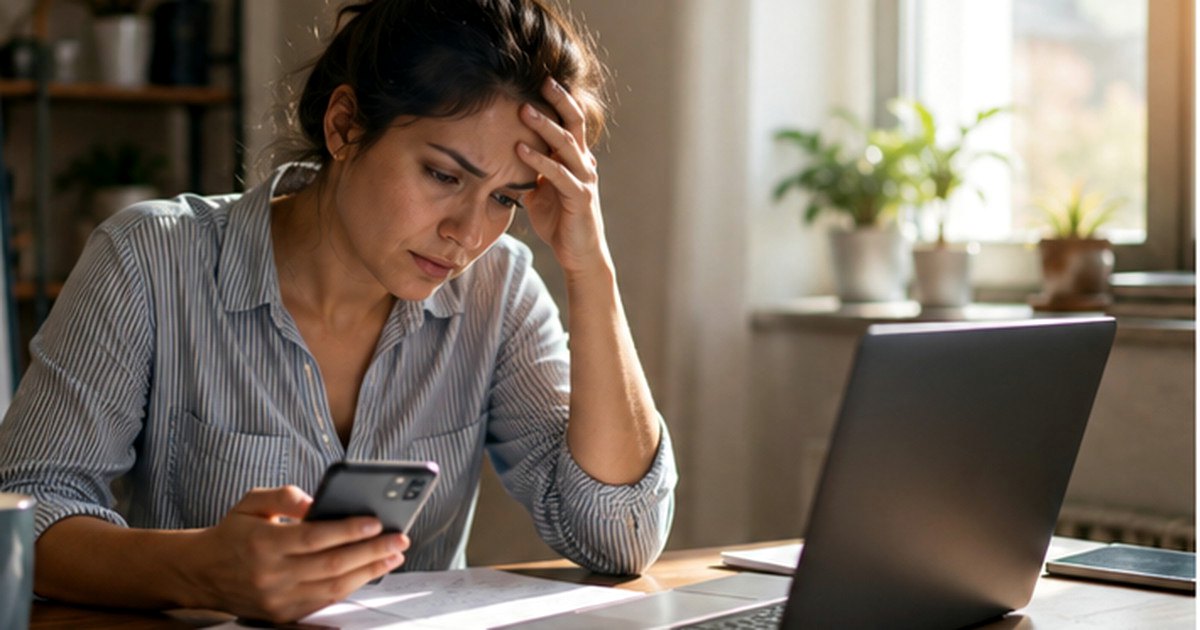 A professional at a desk reviews a smartphone beside an open laptop while deciding how to follow up on a client conversation.