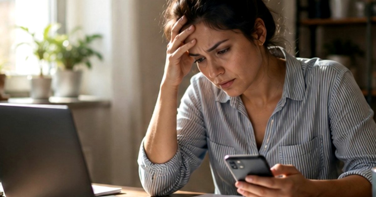 A professional at a desk checks a smartphone beside an open laptop while preparing a careful work status update.
