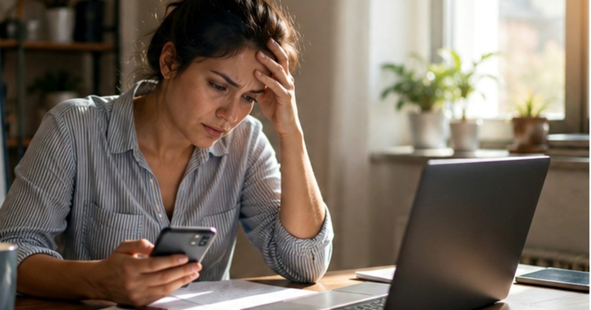 A concerned professional at a desk checks a phone beside an open laptop while reassessing changing work priorities.