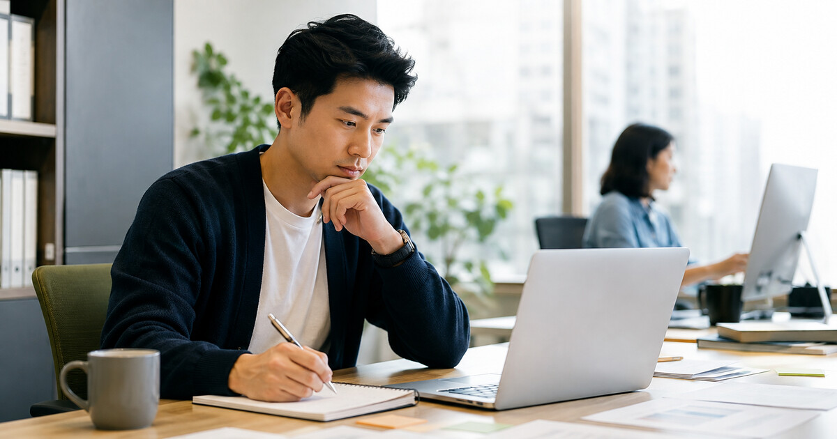 Office professional writing a structured work brief beside a laptop in a bright modern workplace.