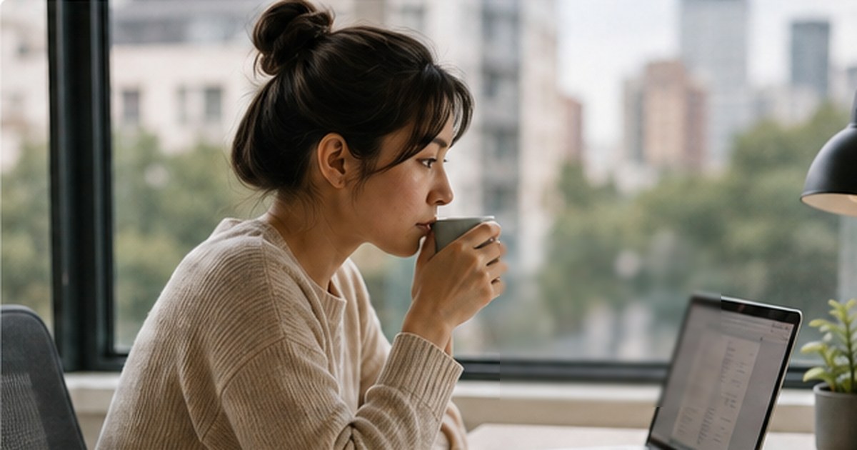 A professional takes a quiet focus break at a laptop beside a bright office window.