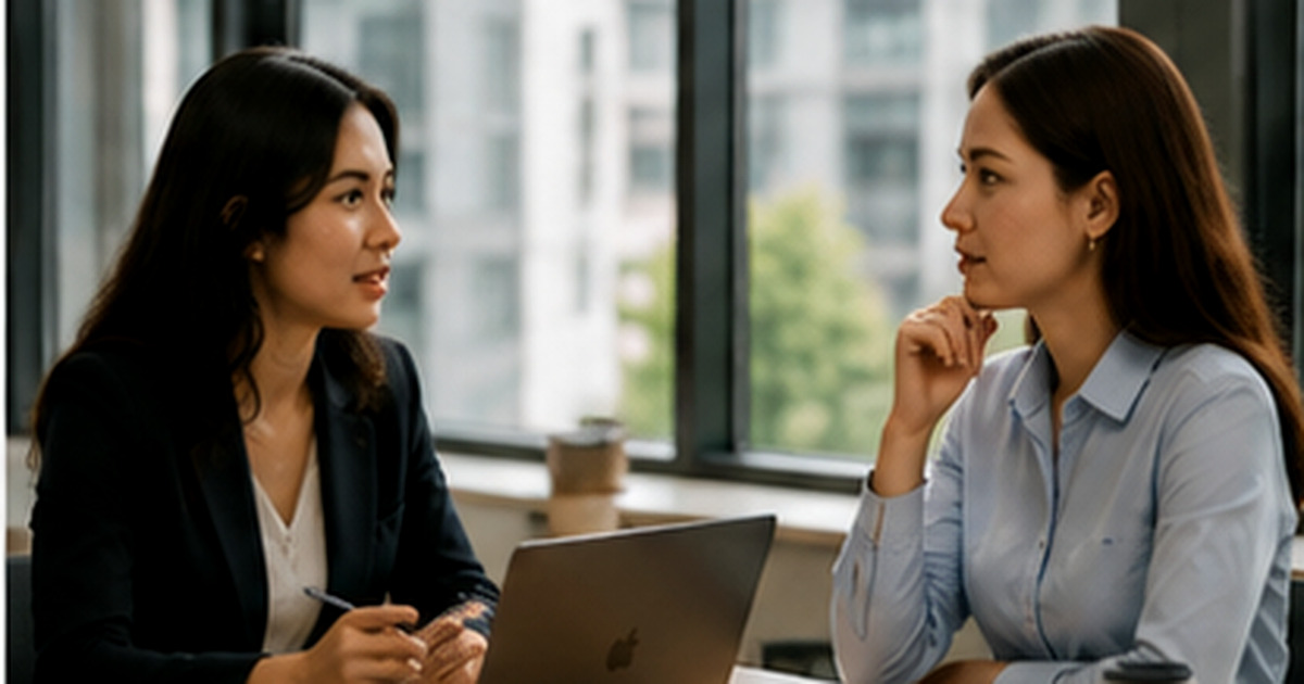 Two colleagues having a focused one-on-one conversation at a laptop in a modern office.