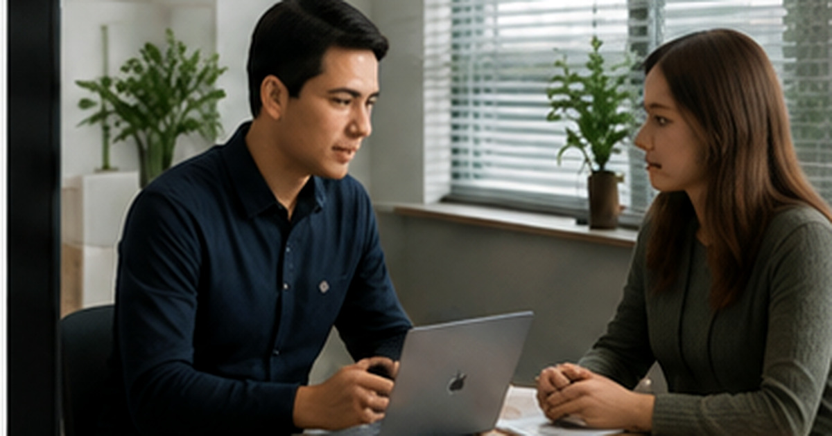 Two coworkers discussing a task handoff with a laptop and documents in an office.