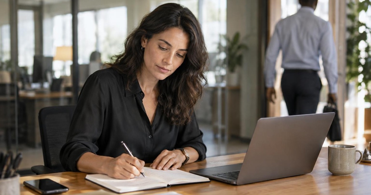 Adult professional resuming focused work at a desk after a brief interruption, reviewing notes beside a laptop in a realistic modern office.