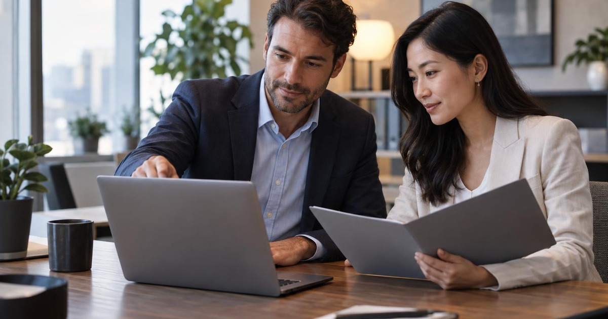Two adult office professionals reviewing a nearly finished project together at a modern workplace table.