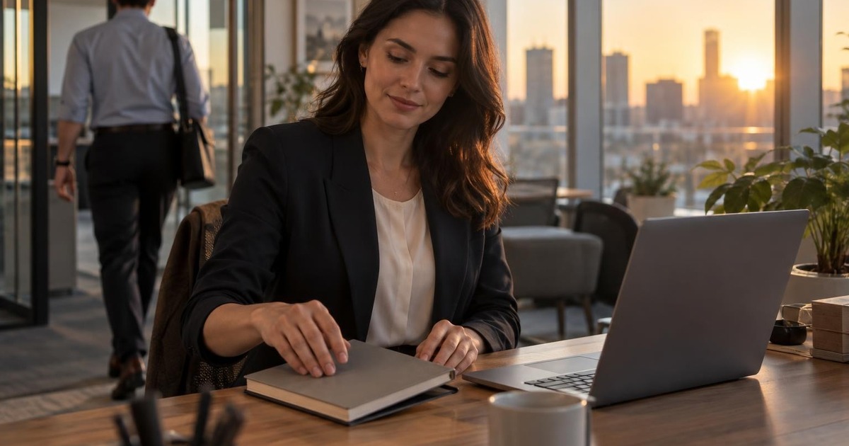 Adult professional calmly closing out the workday at a modern office desk in natural late-afternoon light.