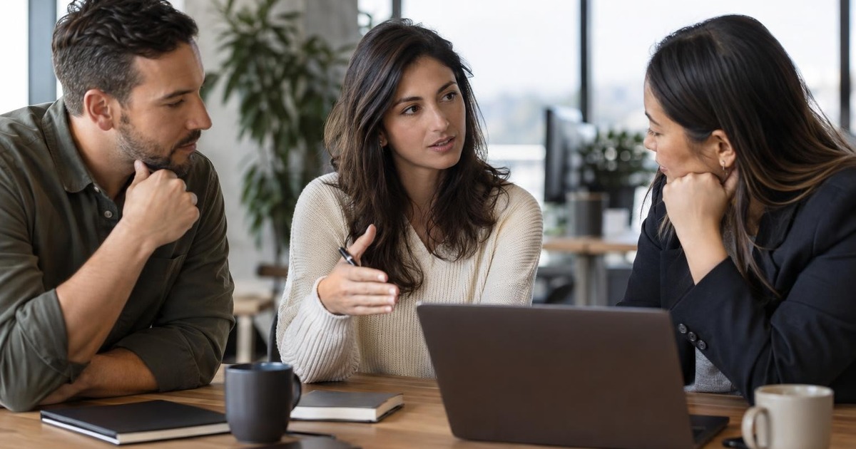 Three adult professionals reviewing an active project together at a modern office table during a project ownership transition
