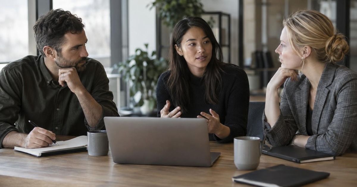 Adult professionals estimating an unfamiliar work task together at a modern office desk