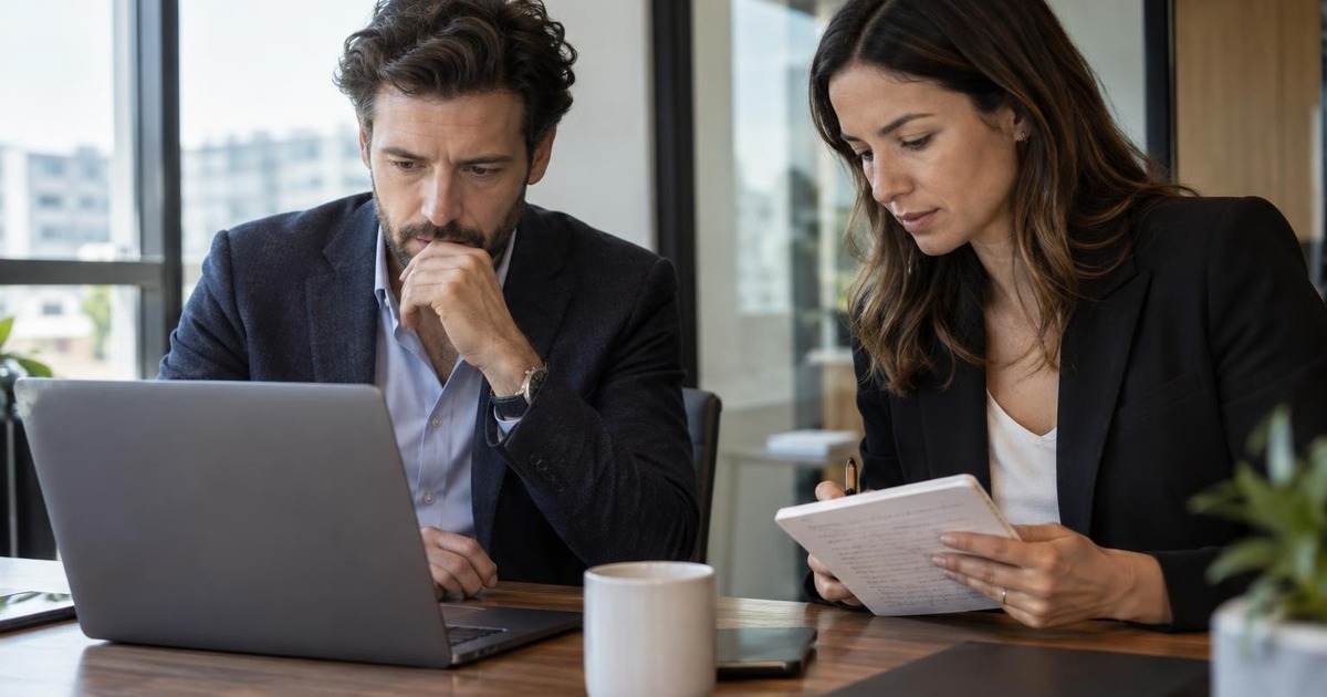 Two adult professionals preparing for an imminent workplace meeting at a modern office table in natural morning light.