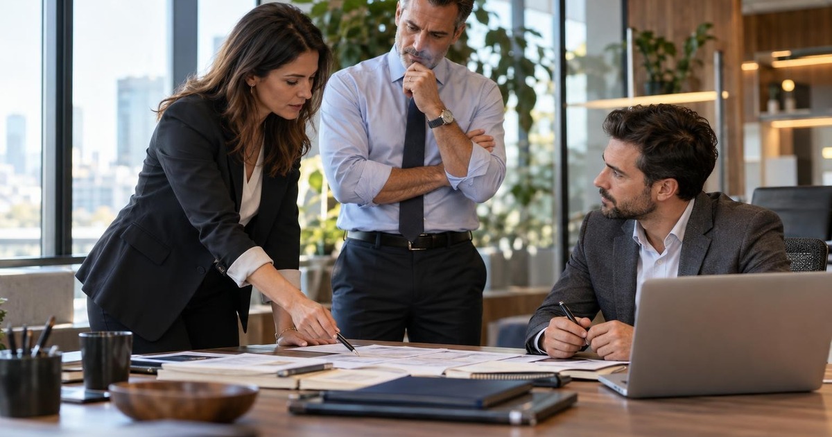 Professional reviewing two competing work deadlines with two managers in a modern office.