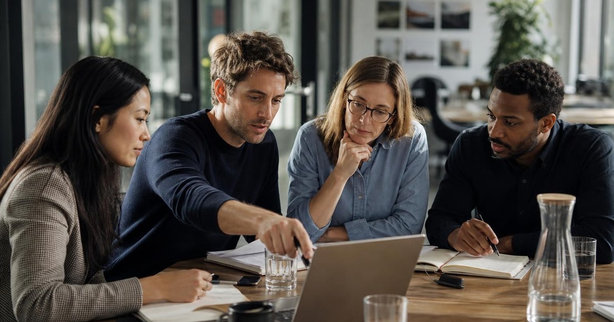 Four office professionals discussing project risks and dependencies together around a conference table before work begins.