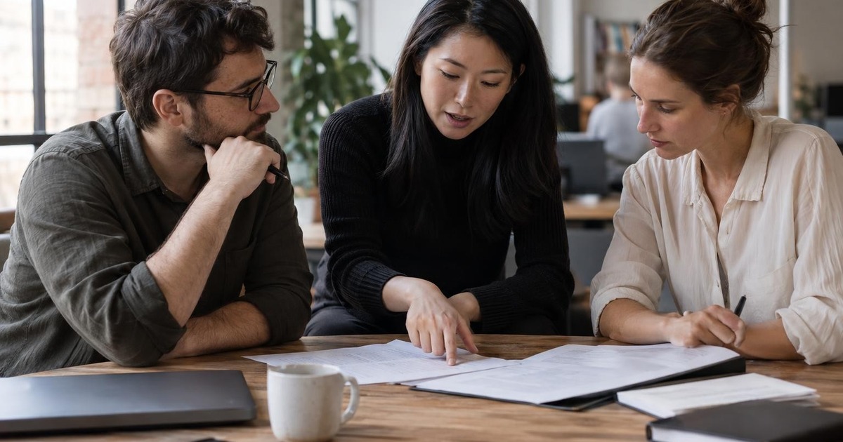 Two adult office professionals calmly reviewing a draft together at a shared desk while resolving differing feedback before revision.