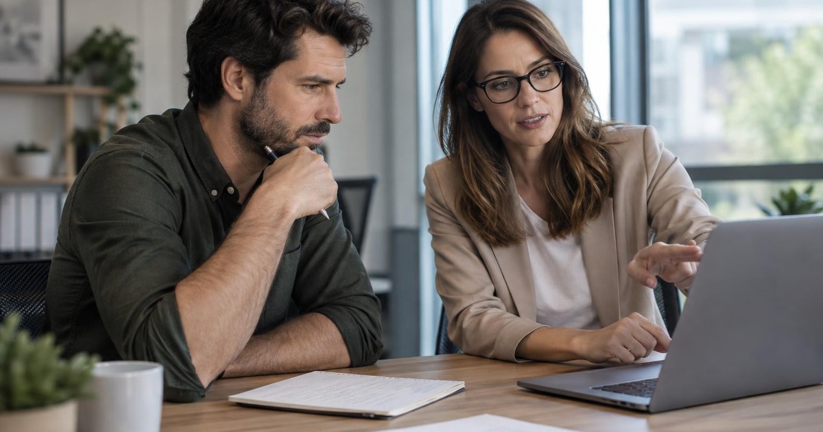 Two adult professionals reviewing a small set of research notes together at a desk before moving on to the actual work.