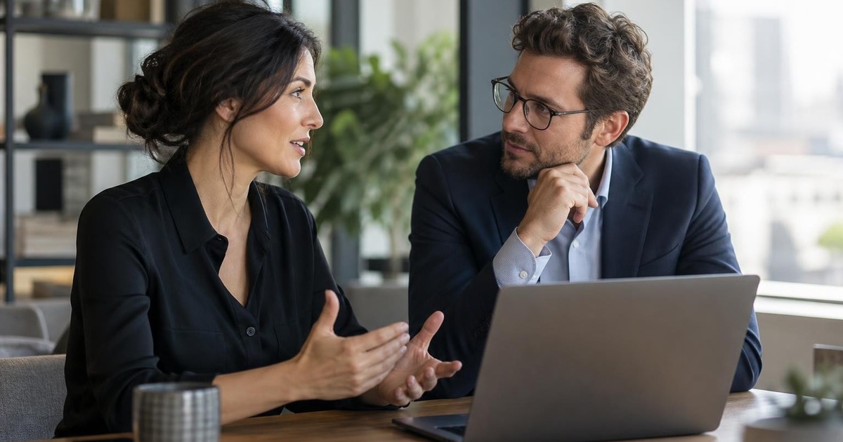 Two adult colleagues having a focused, supportive workplace conversation beside a laptop in a modern office